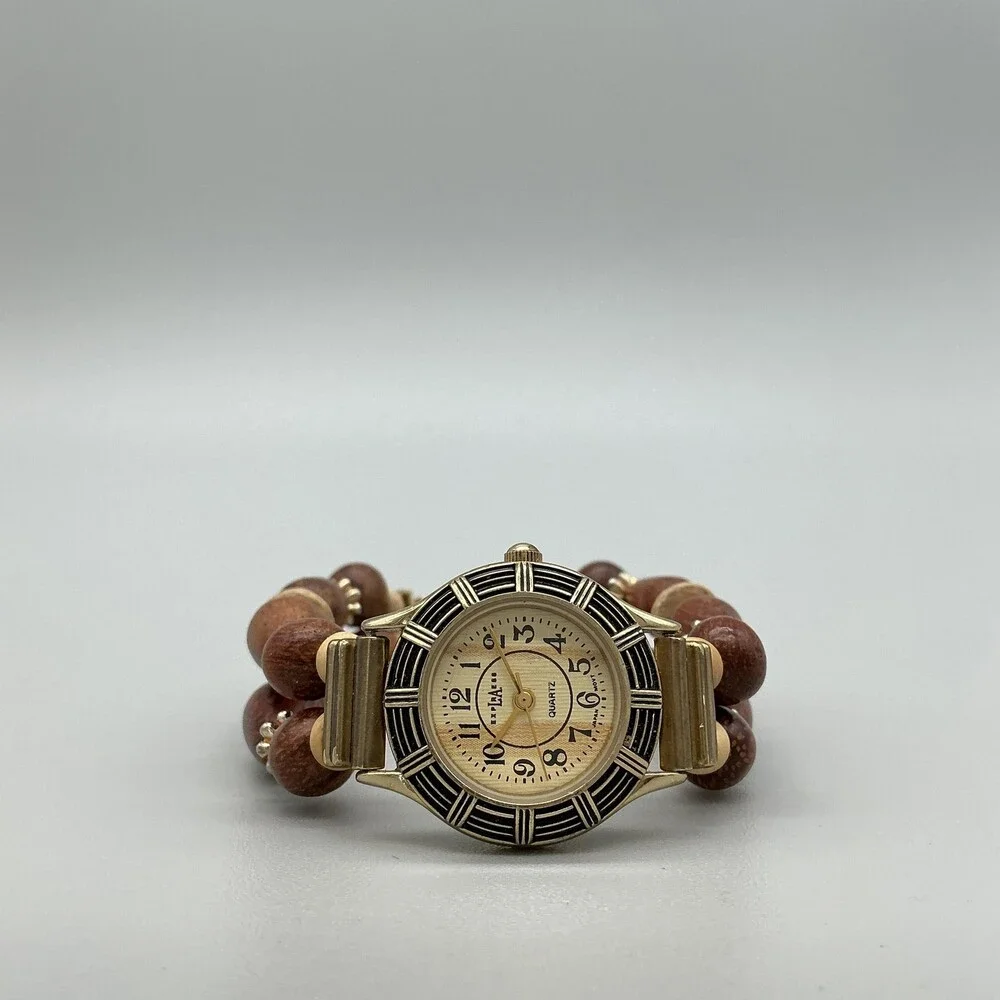 Express Womens Watch 24mm Brown Dial Wood Bead Bracelet New Battery